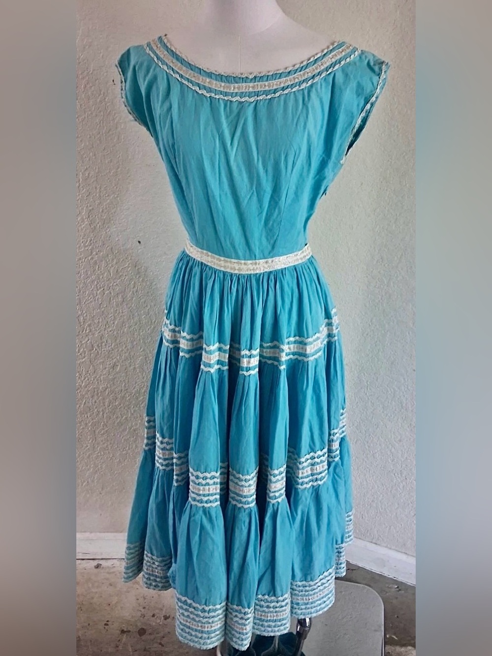 1940s Turquoise Patio Square Dancing Dress Silver & White Metallic Ricrac XXS